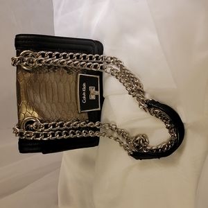 Calvin Klein Black Faux Snake Skin Chain Strap Small Box Purse Bag Turnlock